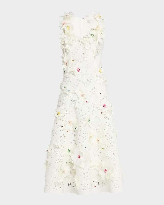Sleeveless Cutout Floral Applique Midi Dress